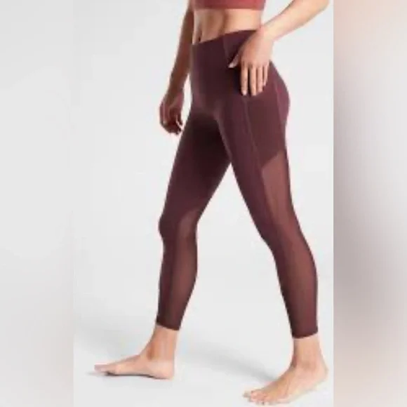 ATHLETA Leggings Women's Medium Burgundy Vitality Stash Pocket 7/8 S Tight Mesh - Picture 1 of 15